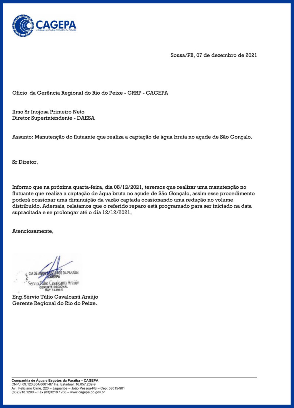 CAGEPA informa que alguns bairros de Sousa podem ficar sem chegar água até o próximo domingo (12)