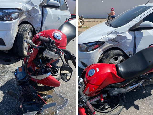 Popular fica ferido em colisão entre carro e moto na cidade de Sousa