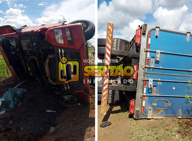 Motorista perde controle e tomba carreta às margens da PB-325, em Pombal
