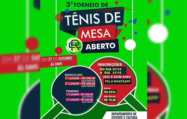 Campestre Clube de Sousa irá promover 3º torneio de tênis de mesa aberto; confira